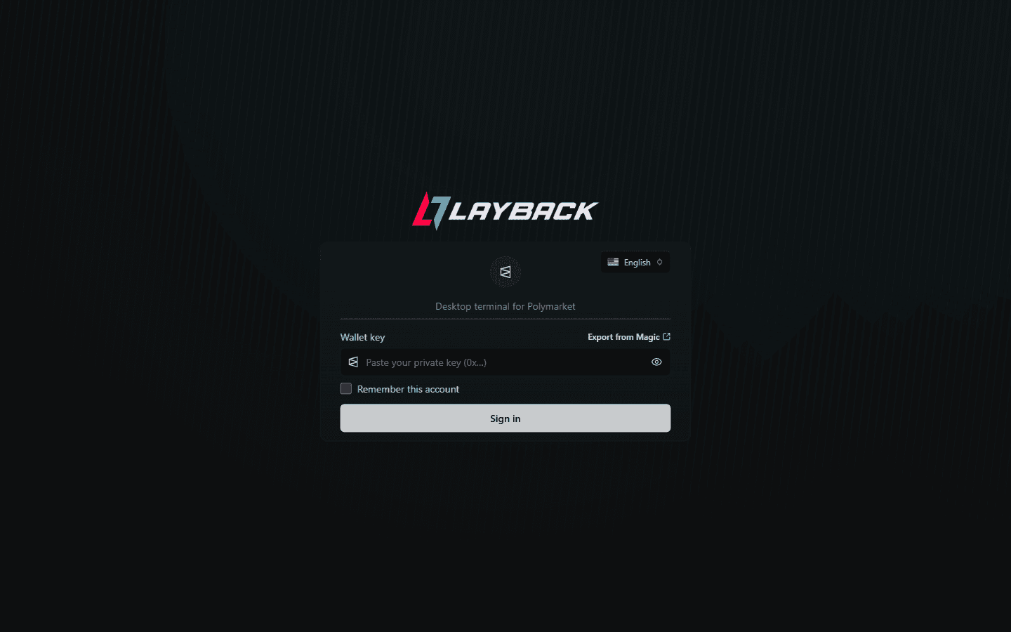 Layback X sign-in screen with the Wallet key field and the Export key from Magic link