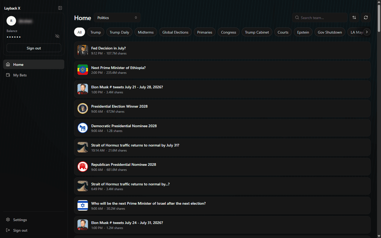 Layback X Home screen with the area selector, sub-area chips and the event list