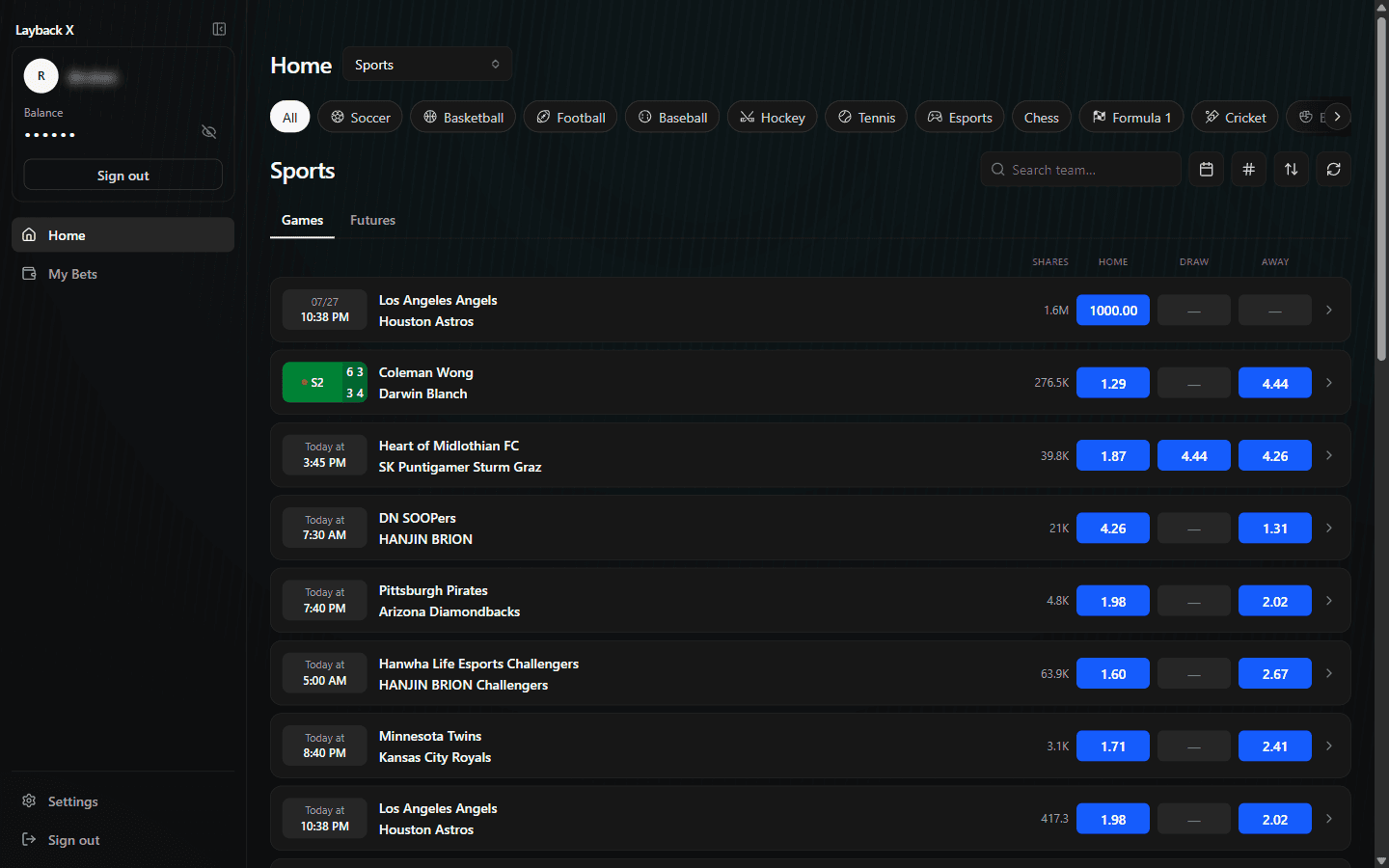 Layback X Games tab with the Home, Draw, Away and Contracts columns