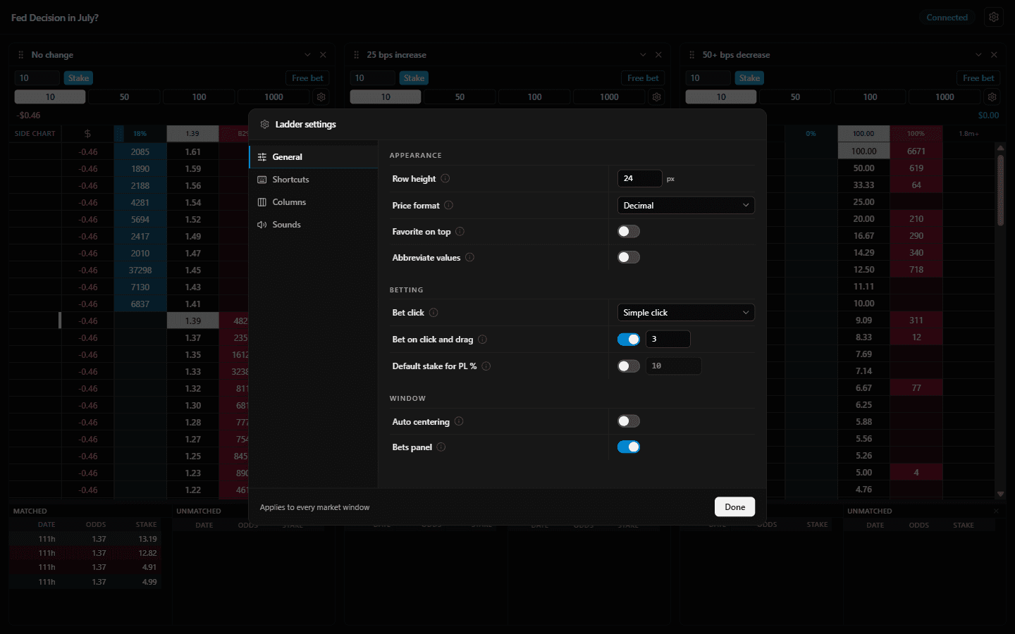 Layback X ladder settings, General tab