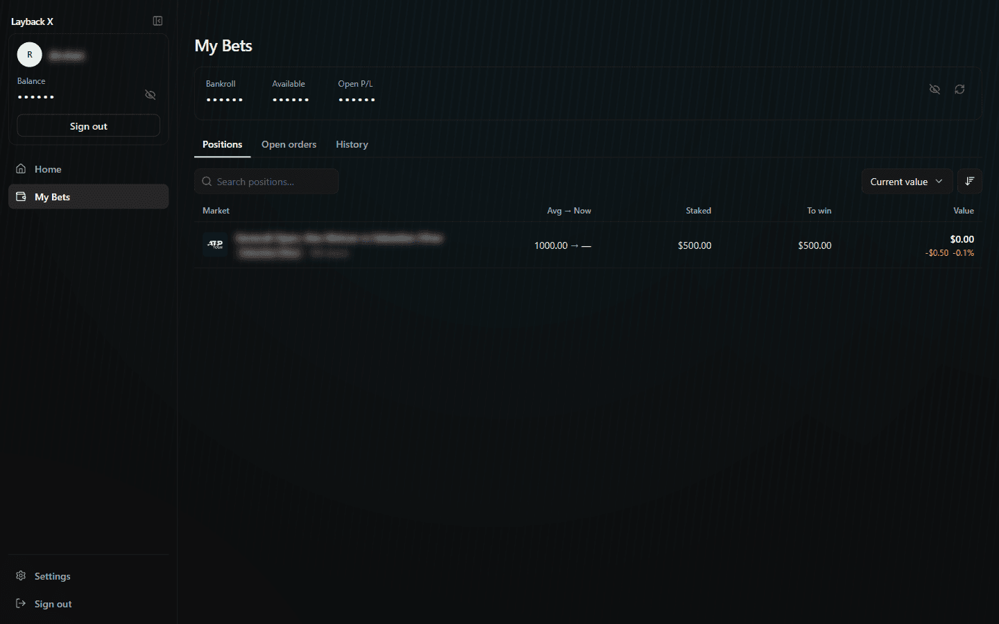Positions tab in My Bets, with bankroll, available and open P&L in the header