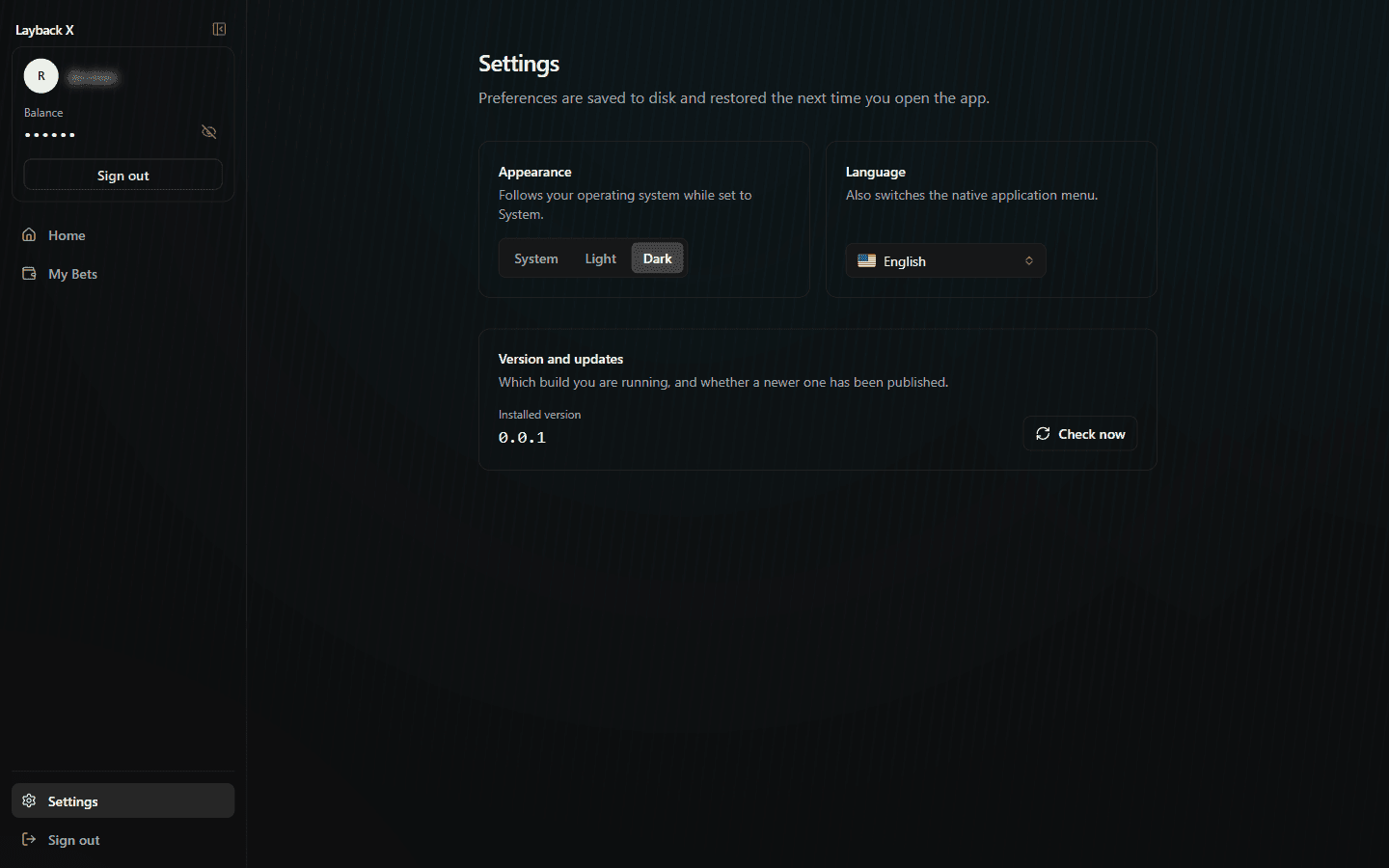 Layback X Settings screen with appearance and language
