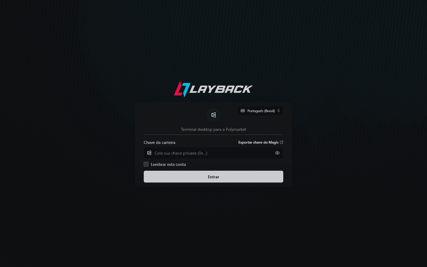Tela de entrada do Layback X com o campo Chave da carteira e o link Exportar chave do Magic