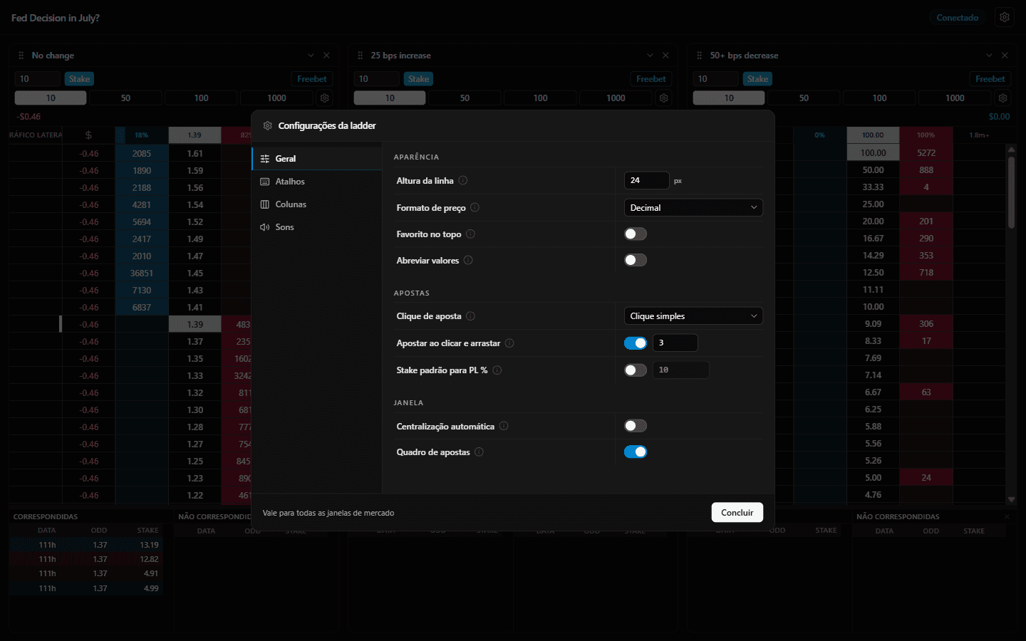 Configurações da ladder do Layback X, aba Geral