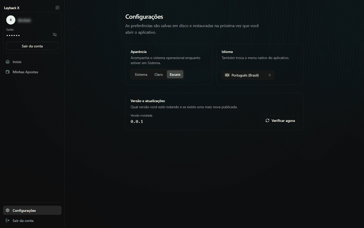 Tela de Configurações do Layback X com aparência e idioma