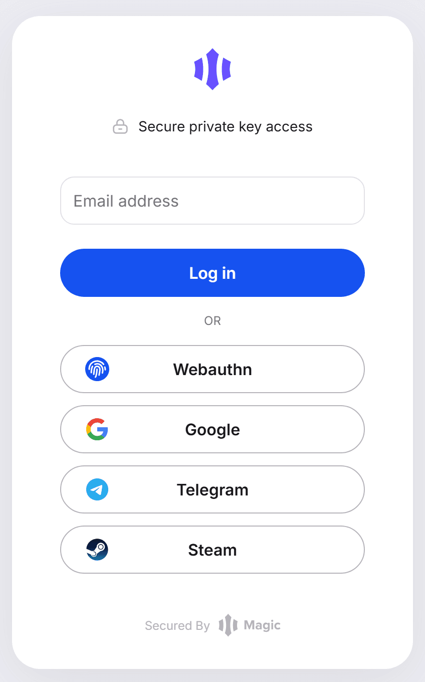 Magic sign-in screen at reveal.magic.link/polymarket, with an email field, a Log in button and the Webauthn, Google, Telegram and Steam options