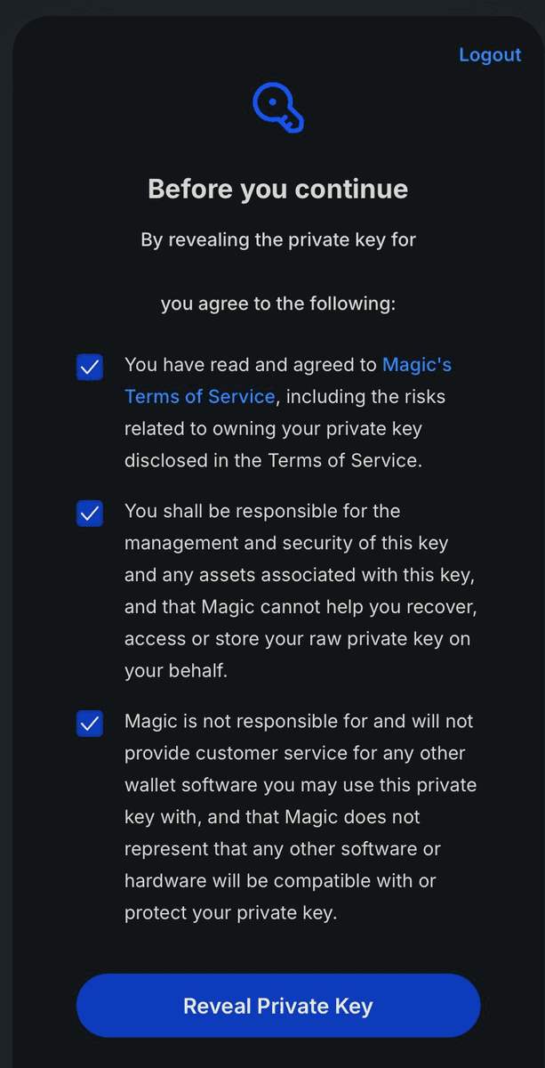 Magic page with the terms checkboxes and the Reveal Private Key button