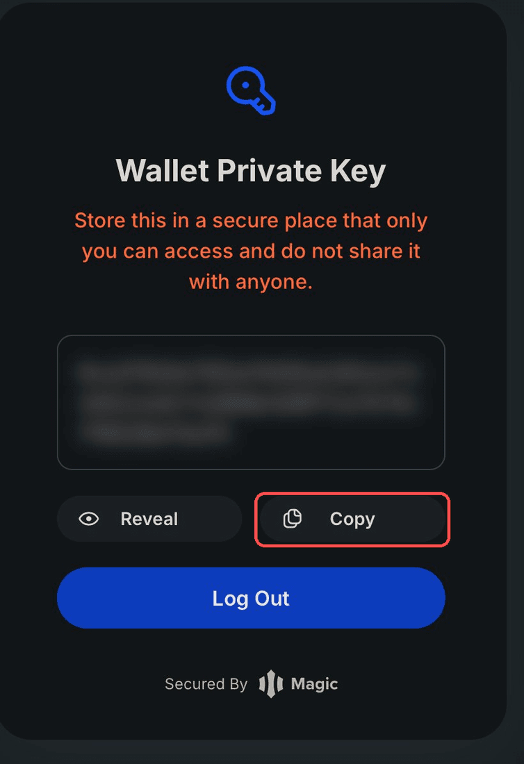 Private key revealed on Magic, blurred, with the Copy button beside it