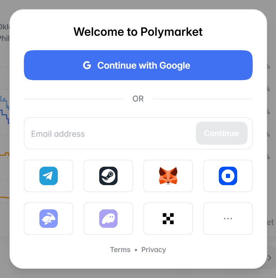 Welcome to Polymarket dialog with the Continue with Google button, the Email address field and the crypto wallet icons