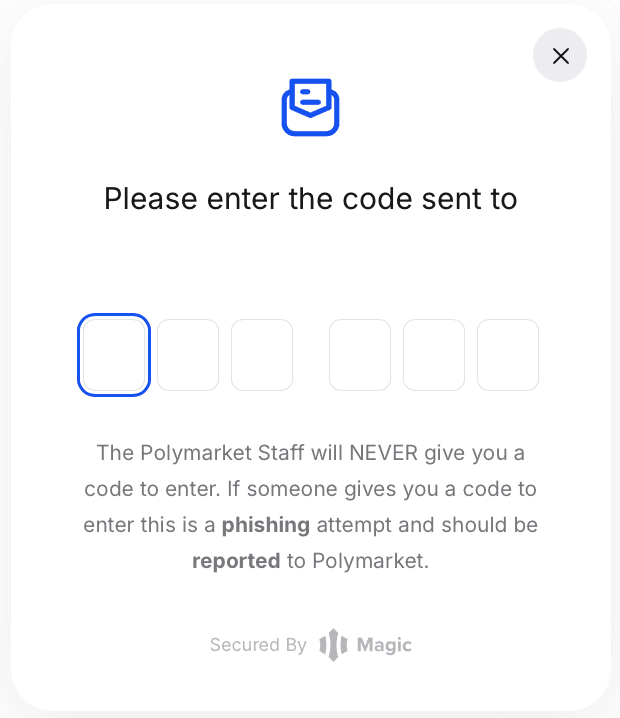 Confirmation screen with six boxes for the code sent by email
