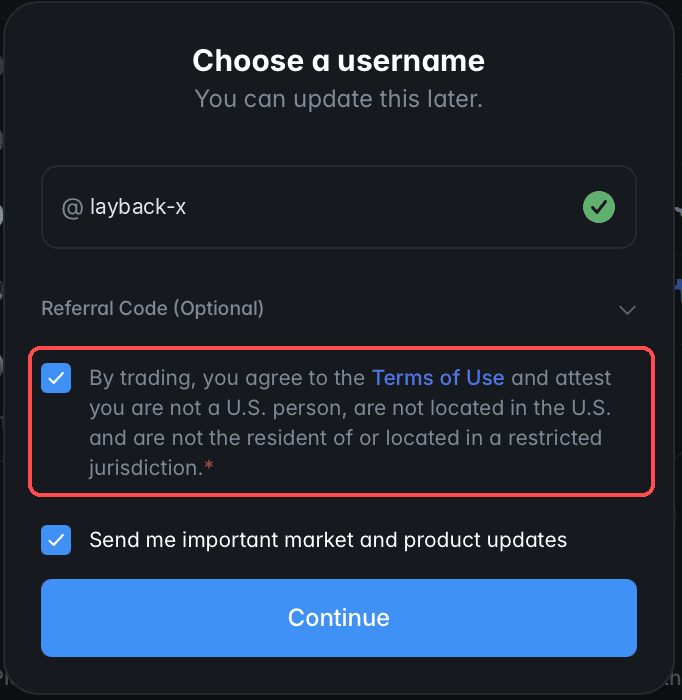 Username screen with the Terms of Use acceptance checkbox