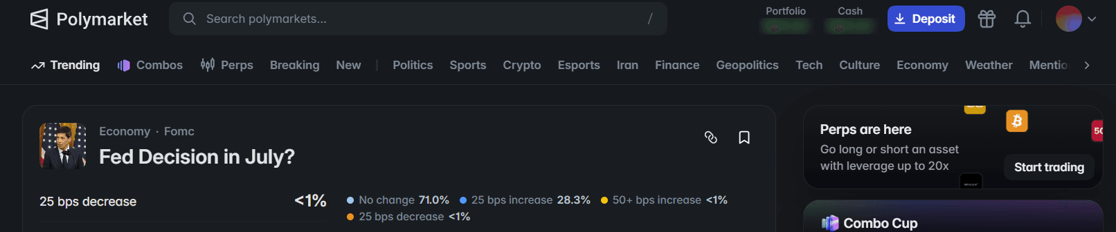 Top of Polymarket with the Deposit button highlighted next to the balance