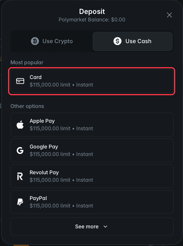 Polymarket deposit dialog on the Use Cash tab, showing the payment options
