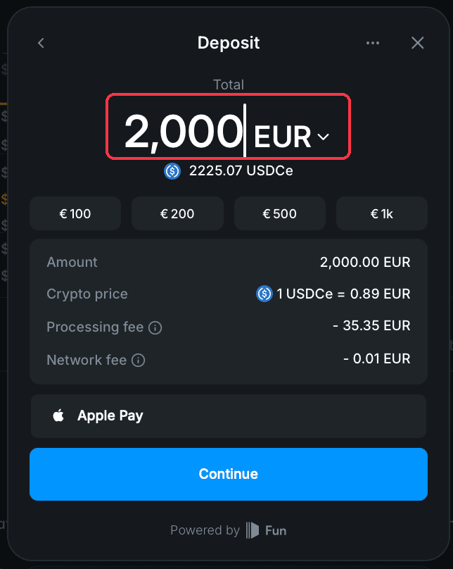 Deposit amount screen showing the USDC conversion and the fees