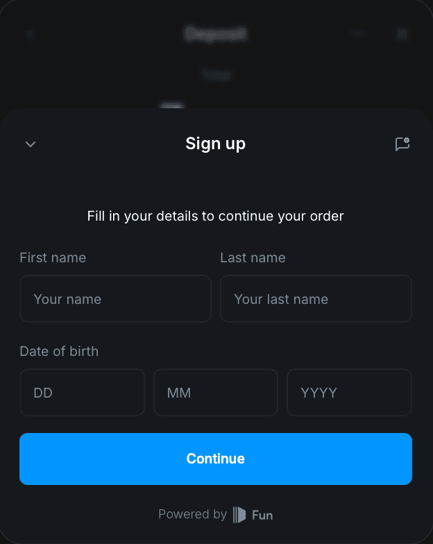 Screen asking for first name, last name and date of birth in separate day, month and year fields