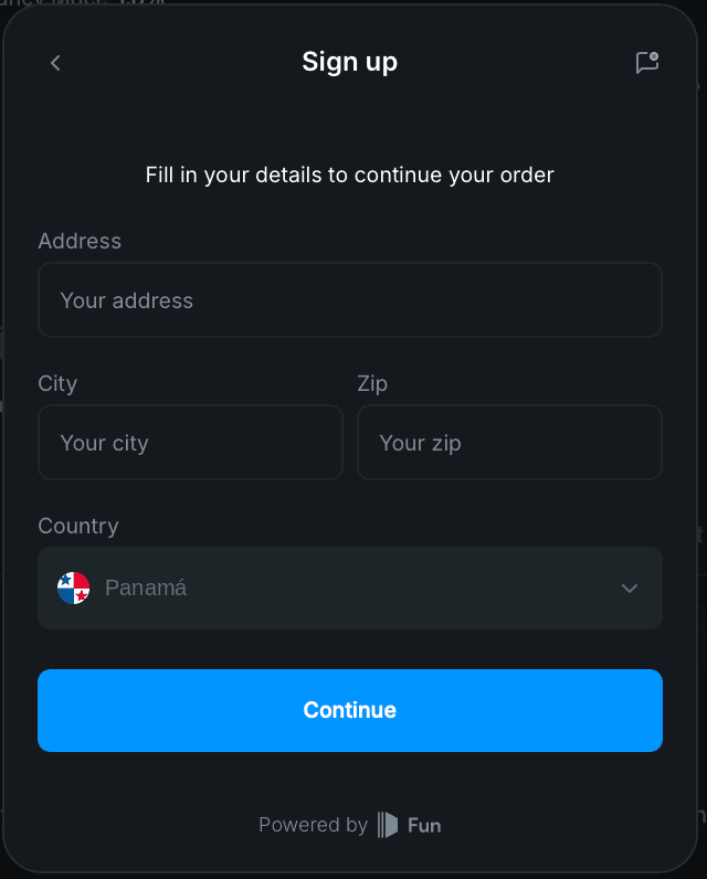 Screen asking for address, city, zip code and country